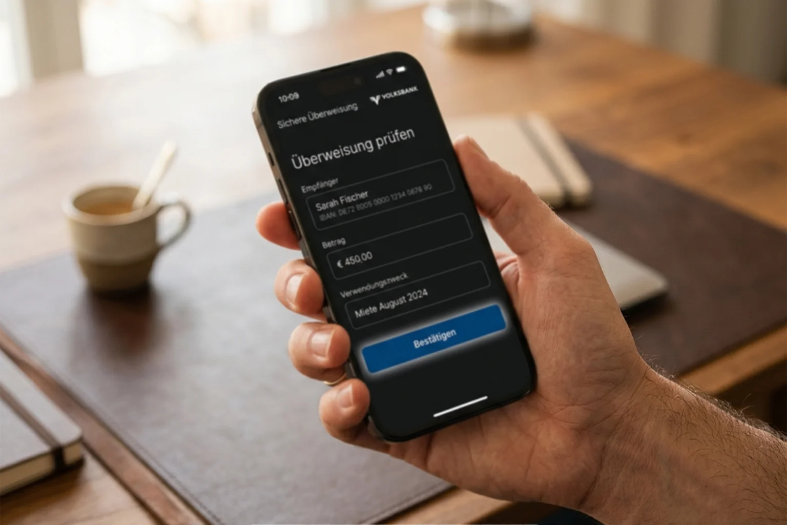 Hand gibt am Smartphone eine Banküberweisung in der Banking-App frei