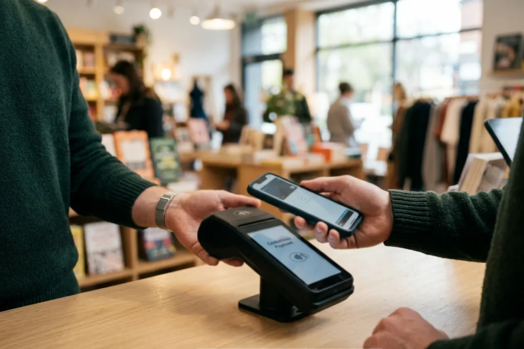 Person bezahlt kontaktlos mit dem Smartphone an einem modernen Bezahlterminal