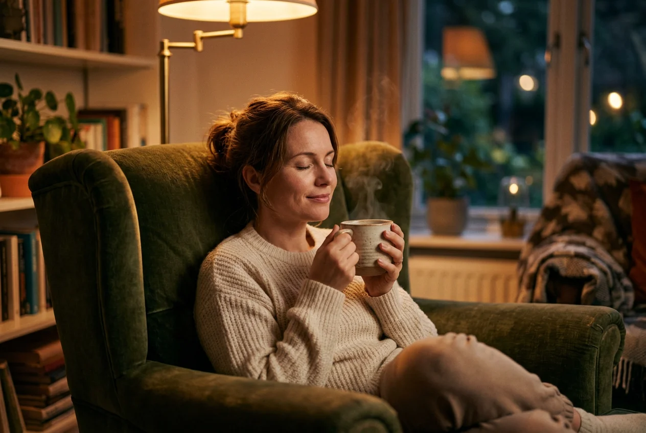 Person macht eine bewusste Pause mit einer Tasse Tee abseits des Bildschirms