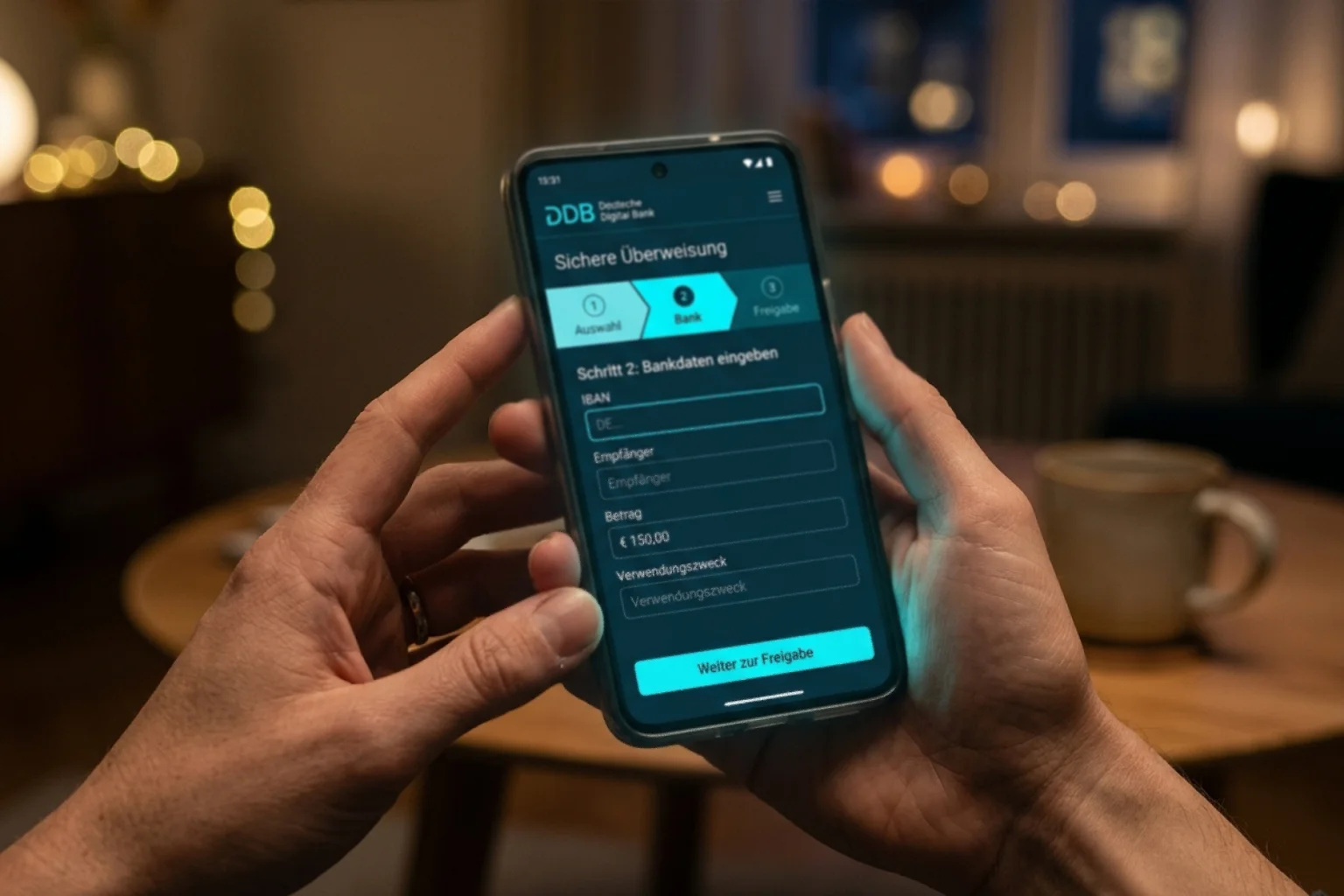 Spieler durchläuft am Smartphone den Schritt-für-Schritt-Ablauf einer Casino-Einzahlung per Direktüberweisung