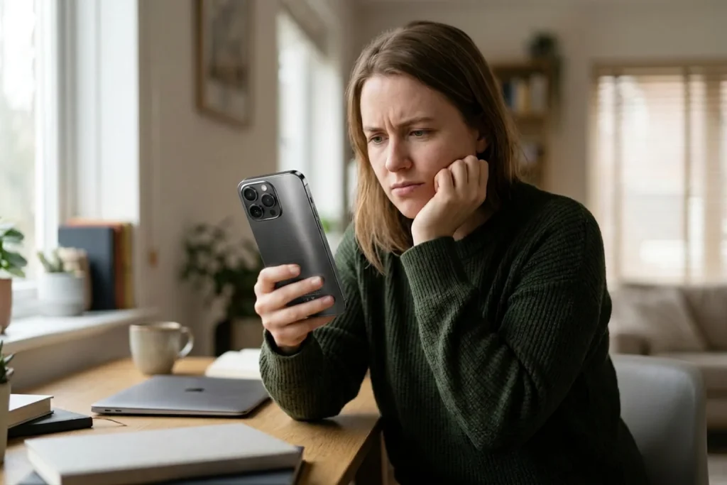 Person blickt irritiert auf ein Smartphone mit einer Fehlermeldung
