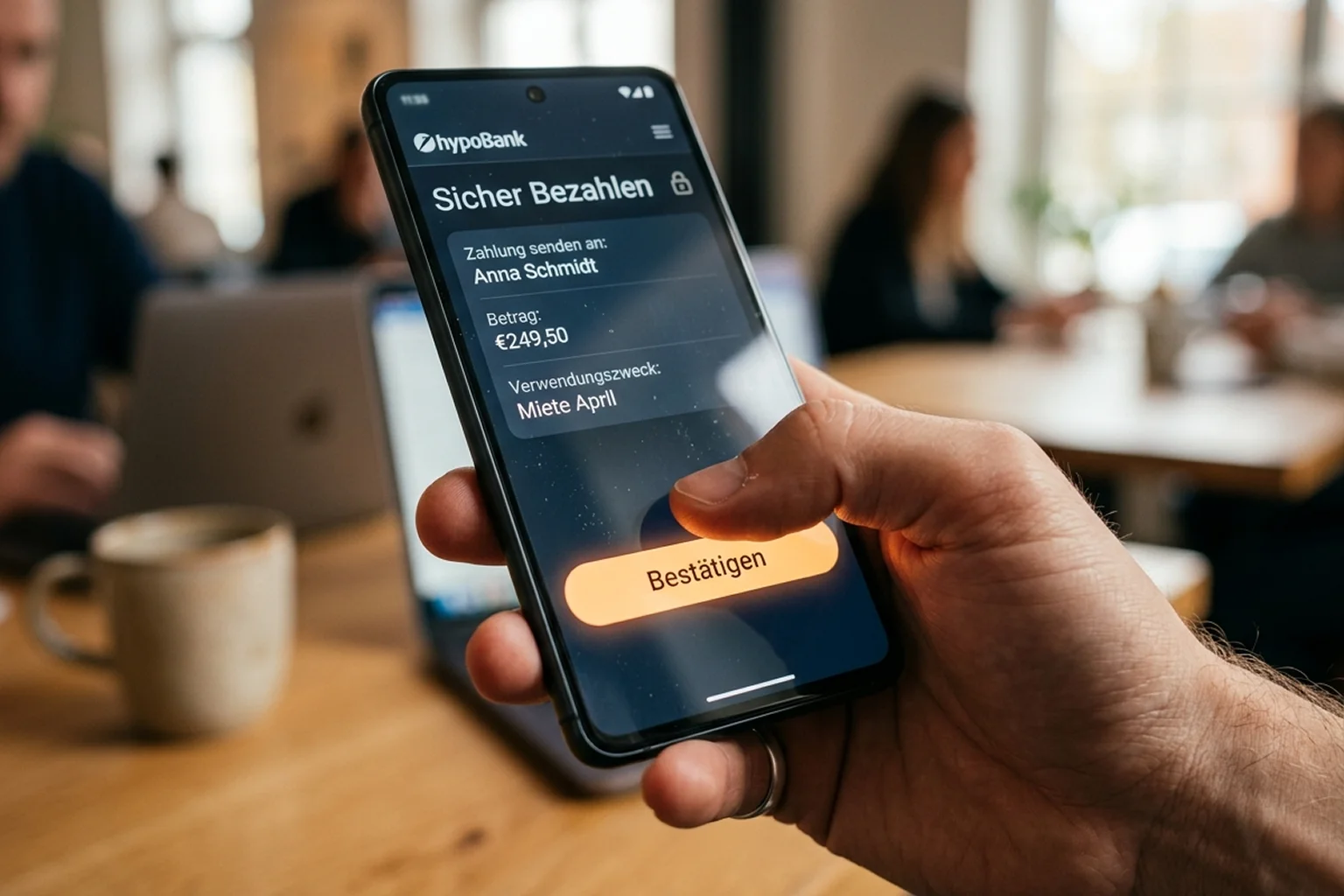 Hand gibt am Smartphone eine Casino-Einzahlung über eine Banking-App frei