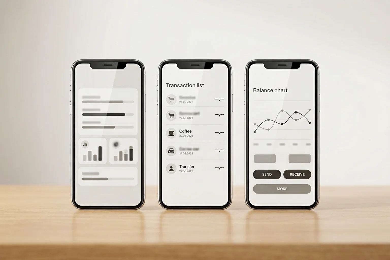 Drei Smartphones nebeneinander mit jeweils einer geöffneten Banking-Oberfläche