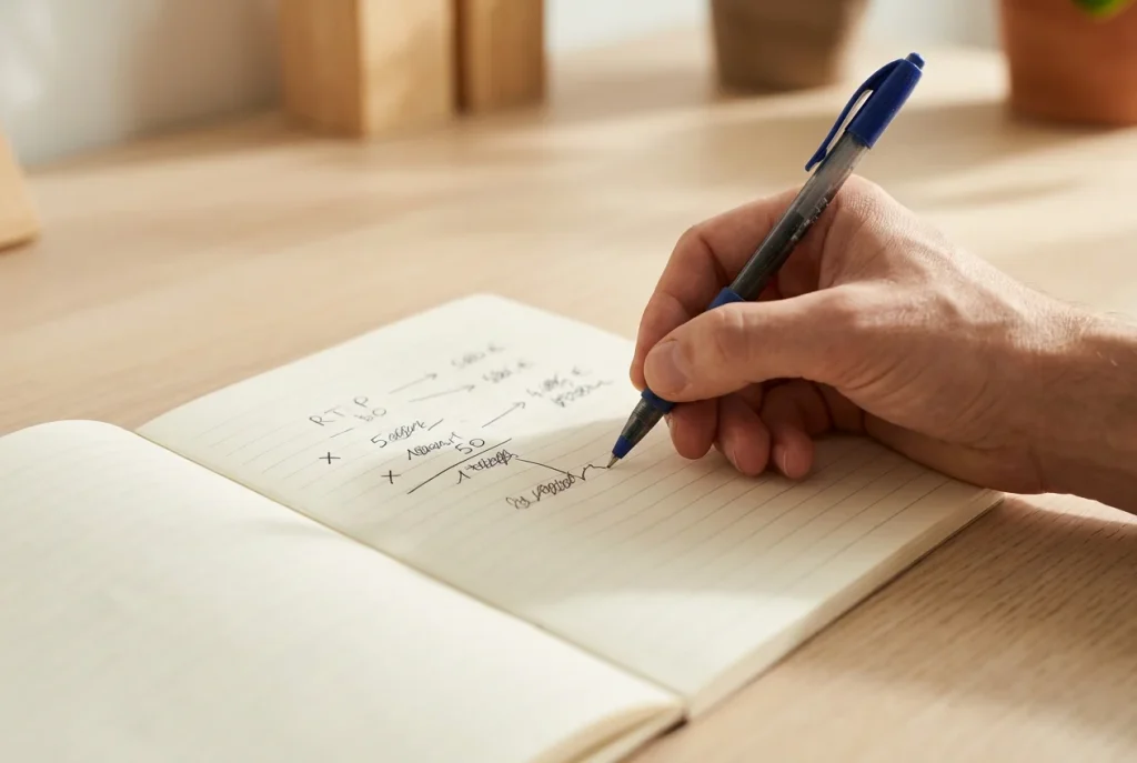 Person notiert mit einem Stift eine Rechnung in einem Notizblock am Schreibtisch