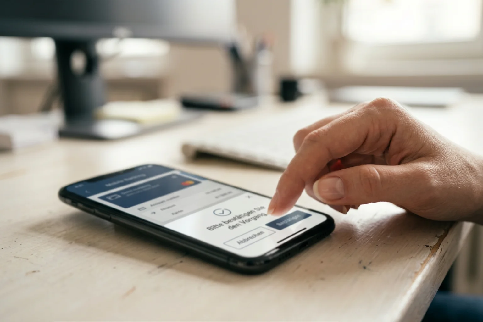 Hand bestätigt am Smartphone einen giropay-Schritt per TAN
