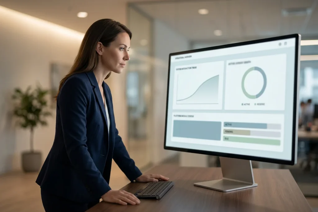 Analyst betrachtet auf einem großen Monitor ein ruhiges Datendiagramm