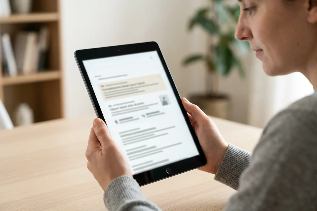 Person betrachtet auf einem Tablet Suchergebnisse mit Werbeanzeigen