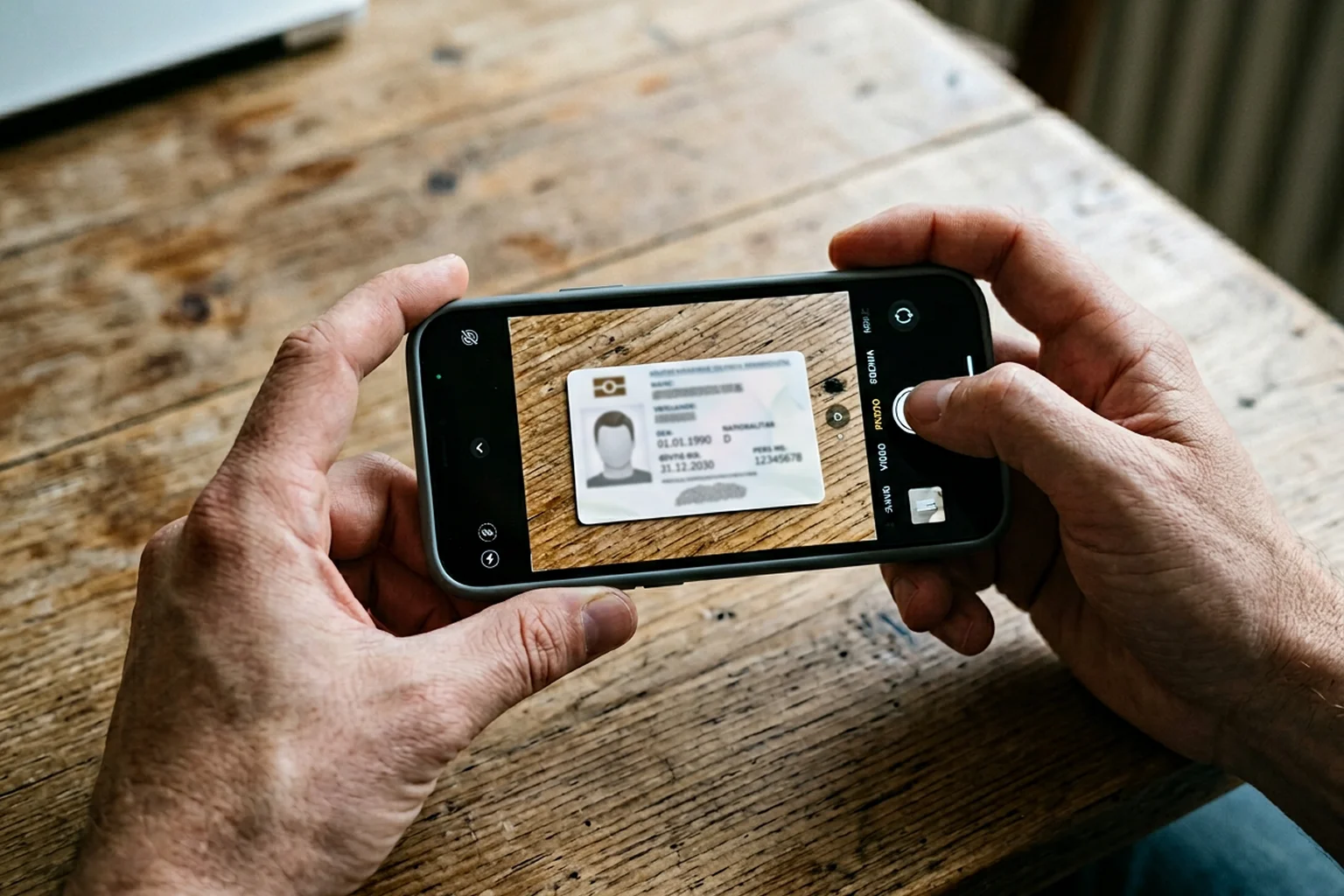 Person fotografiert einen Ausweis mit dem Smartphone zur Identitätsprüfung