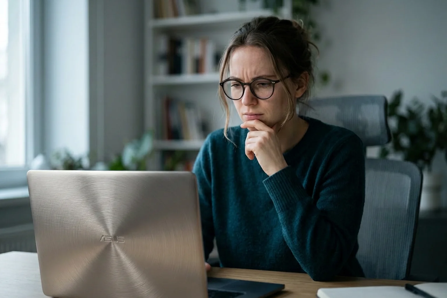 Person prüft am Laptop kritisch die Merkmale eines Anbieters