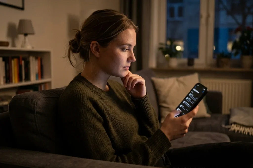 Junge Person blickt nachdenklich auf ihr Smartphone in gedämpftem Licht