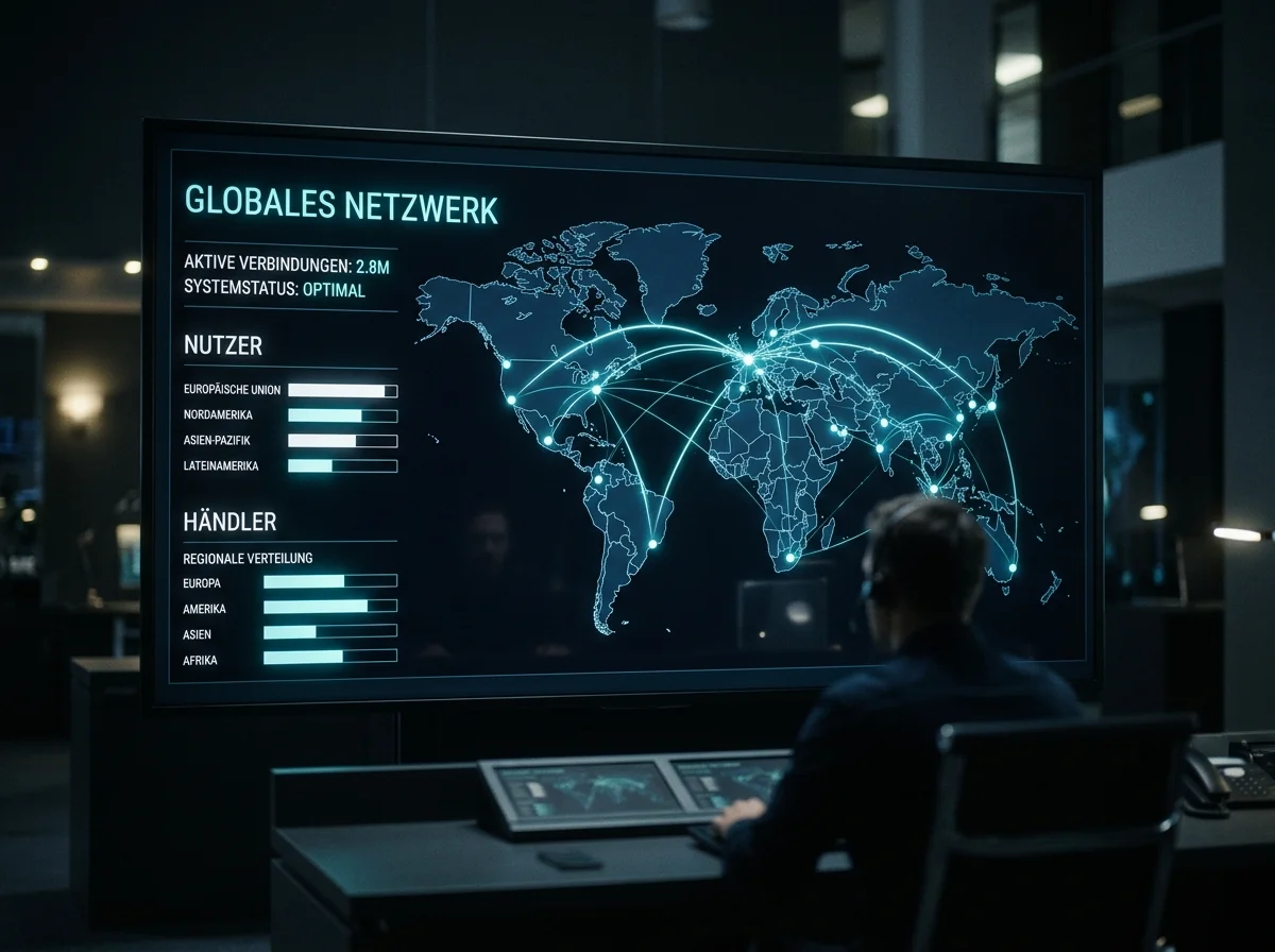 Visualisierung des weltweiten Klarna-Zahlungsvolumens mit Datenpunkten zu aktiven Nutzern, täglichen Transaktionen und Händlern