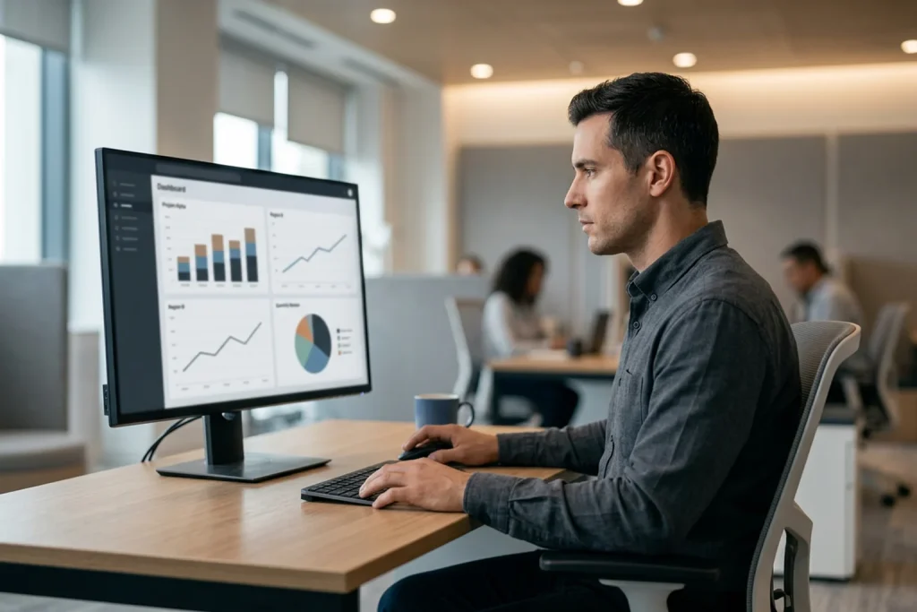 Analyst betrachtet auf einem Monitor ein ruhiges Unternehmens-Dashboard