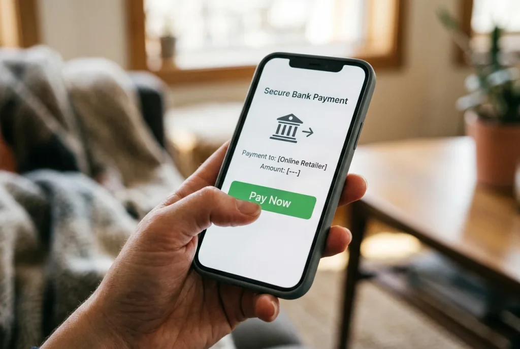 Hand hält ein Smartphone mit einer geöffneten Echtzeit-Banking-Zahlungsansicht