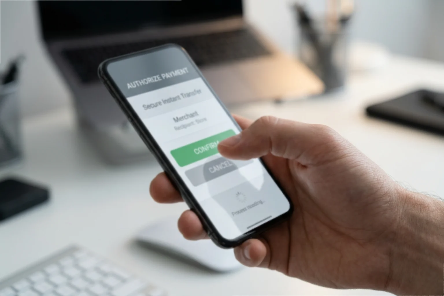 Hand bestätigt auf dem Smartphone eine Echtzeit-Zahlung in einer Banking-App