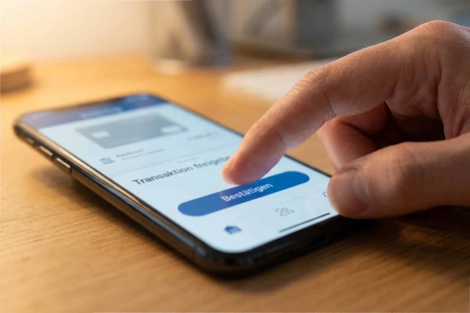 Hand gibt auf dem Smartphone eine kleine Einzahlung in der Banking-App frei