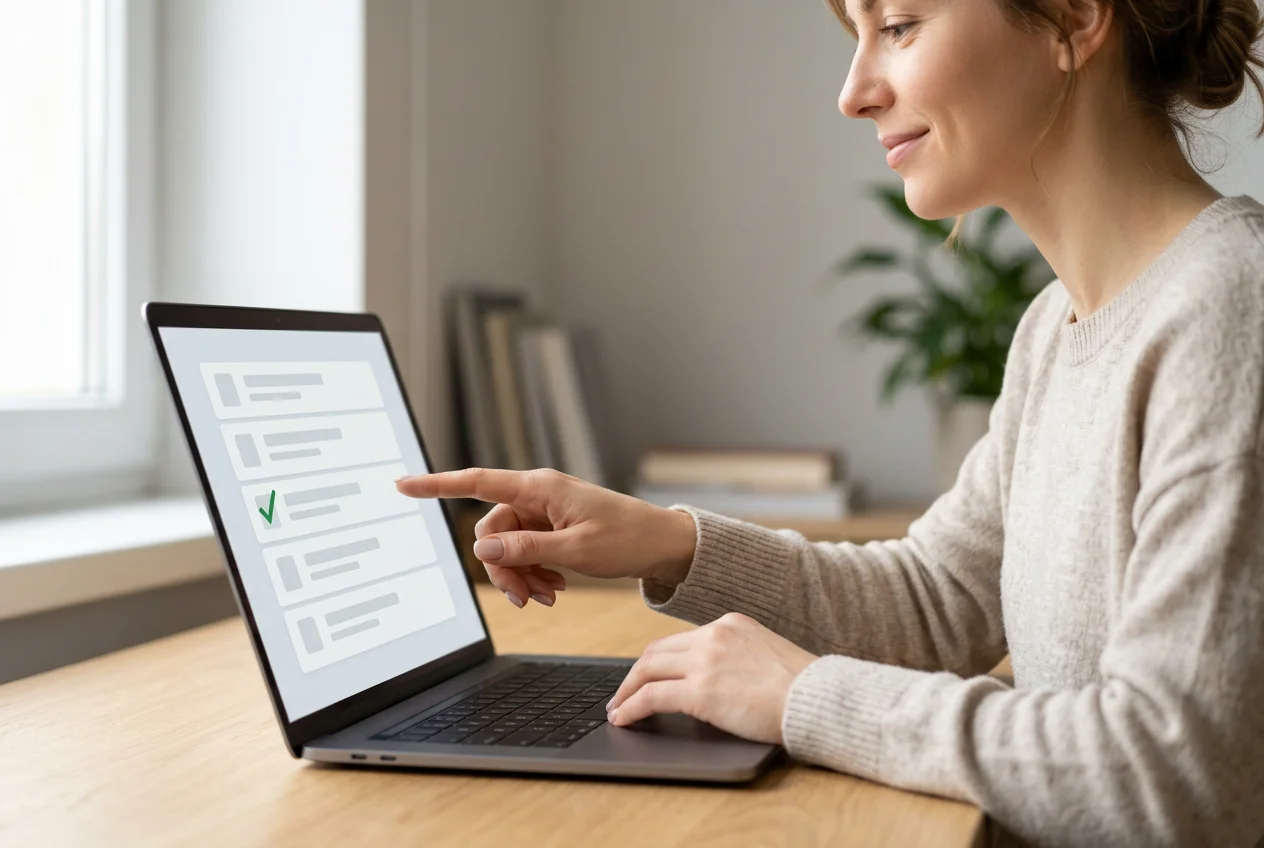 Person wählt am Laptop bewusst einen geprüften, legalen Anbieter