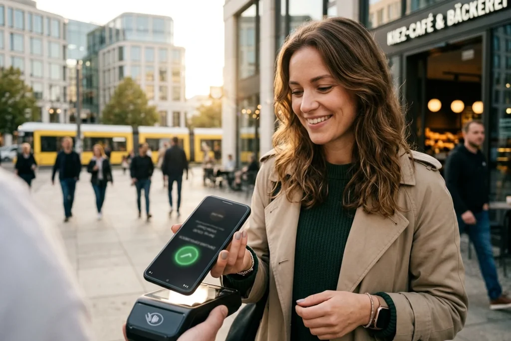 Person bezahlt unterwegs entspannt mit dem Smartphone in der Hand