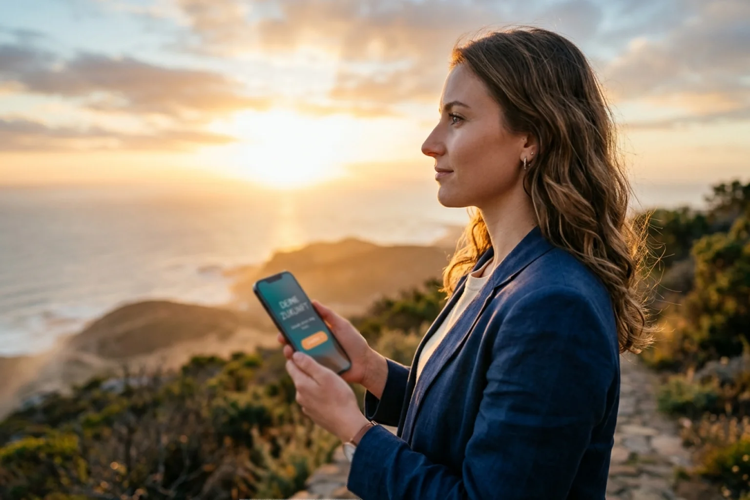 Person blickt mit dem Smartphone optimistisch in eine helle, offene Umgebung