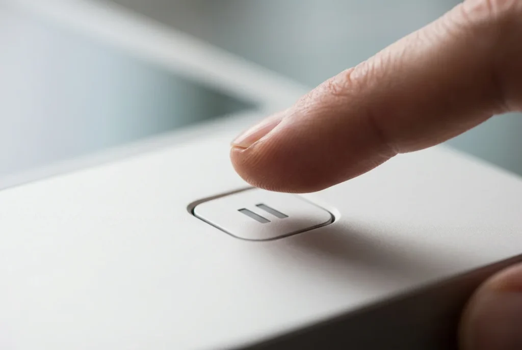 Finger schwebt über einer deutlich erkennbaren Pause-Schaltfläche auf einem Bildschirm