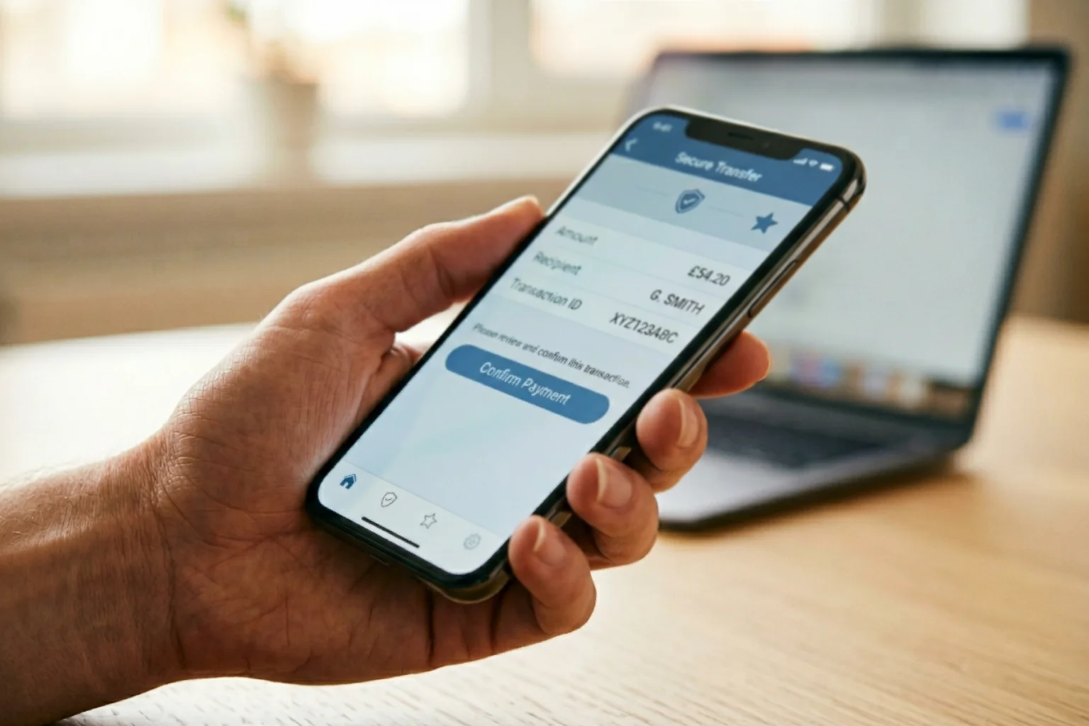 Hand hält ein Smartphone mit geöffneter Banking-App zur TAN-Bestätigung einer Überweisung