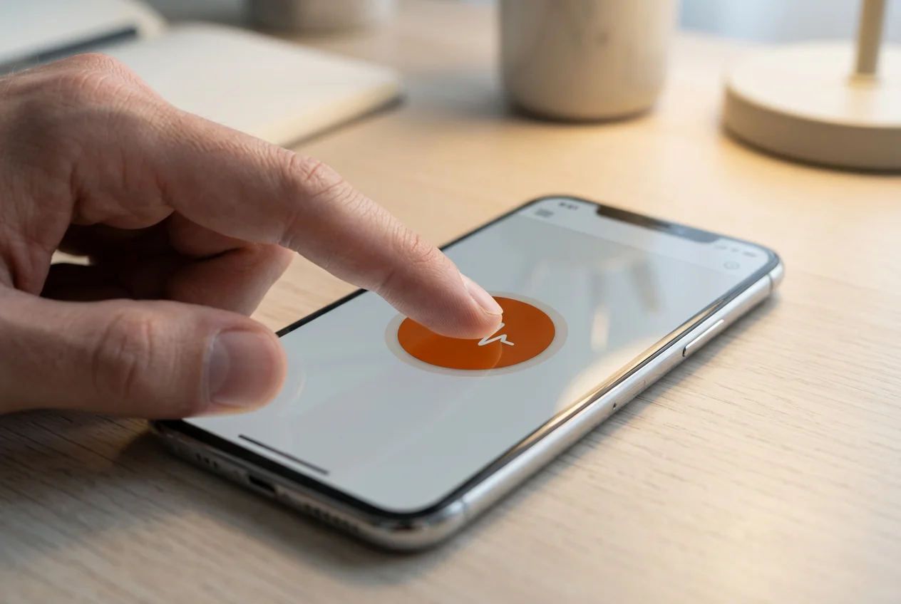 Hand drückt eine gut sichtbare Schaltfläche auf einem Smartphone-Bildschirm