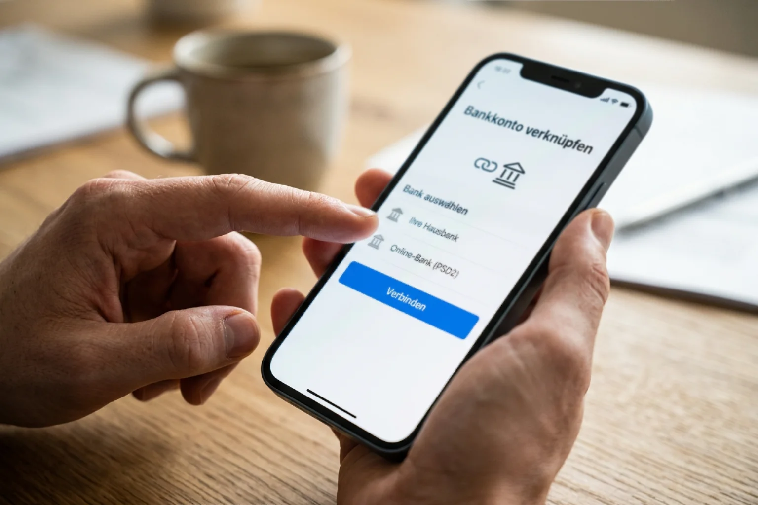 Hand bedient ein Smartphone, das eine Verknüpfung mit dem Bankkonto zeigt