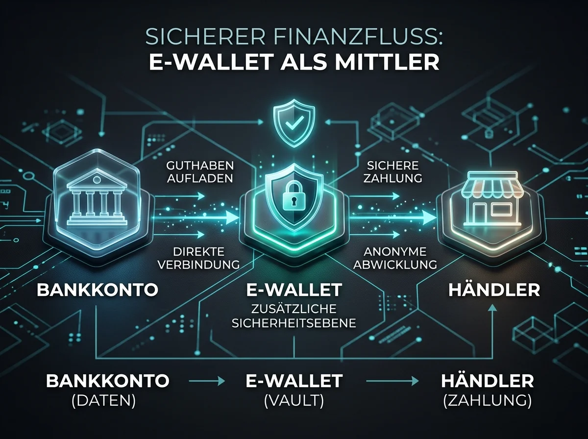 Schema, das die zusätzliche Kontoebene eines E-Wallets wie PayPal zwischen Bankkonto und Händler zeigt
