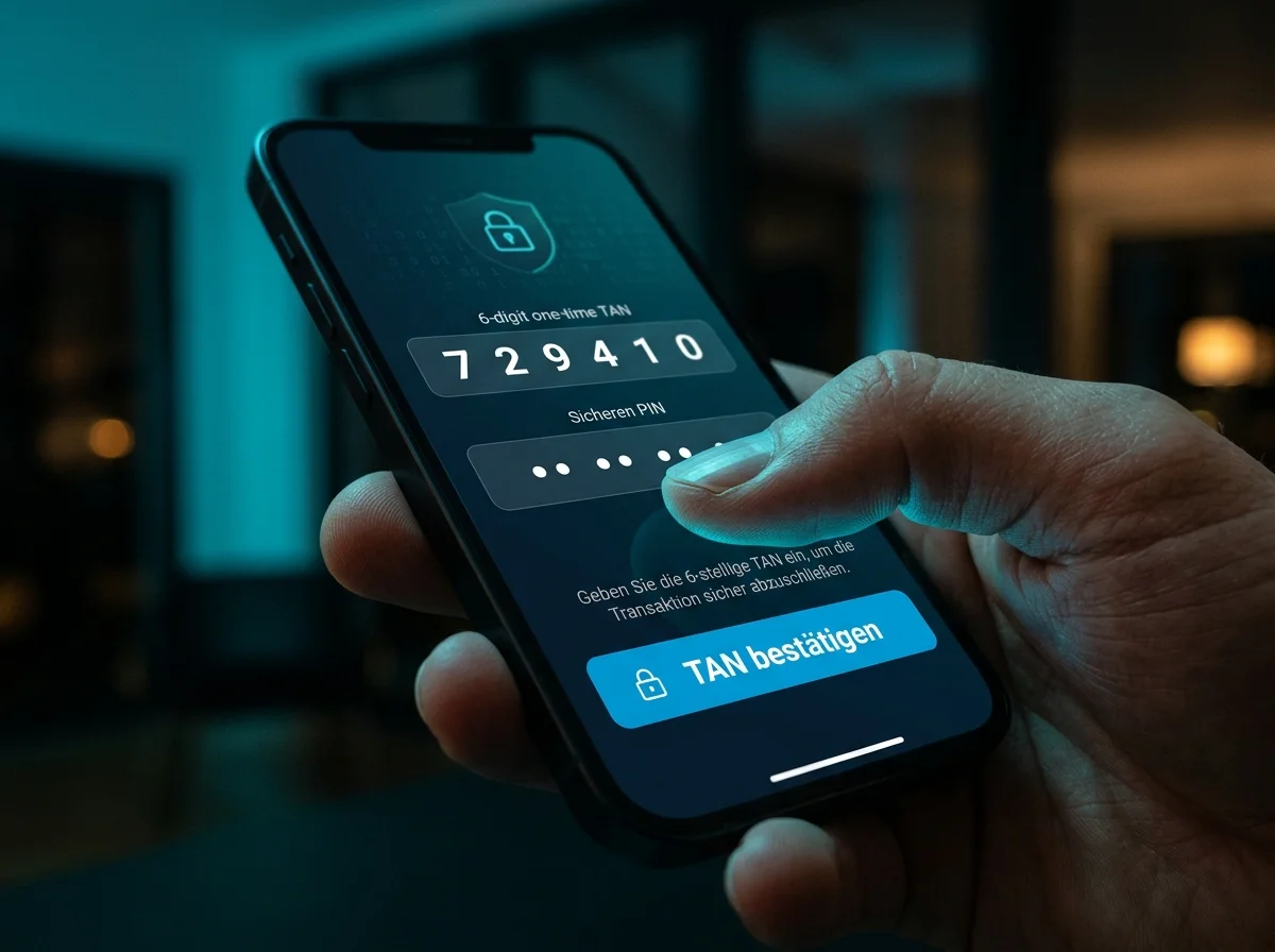 Spieler bestätigt eine Zahlung mit einer TAN in der Banking-App als zweitem Schlüssel neben der PIN