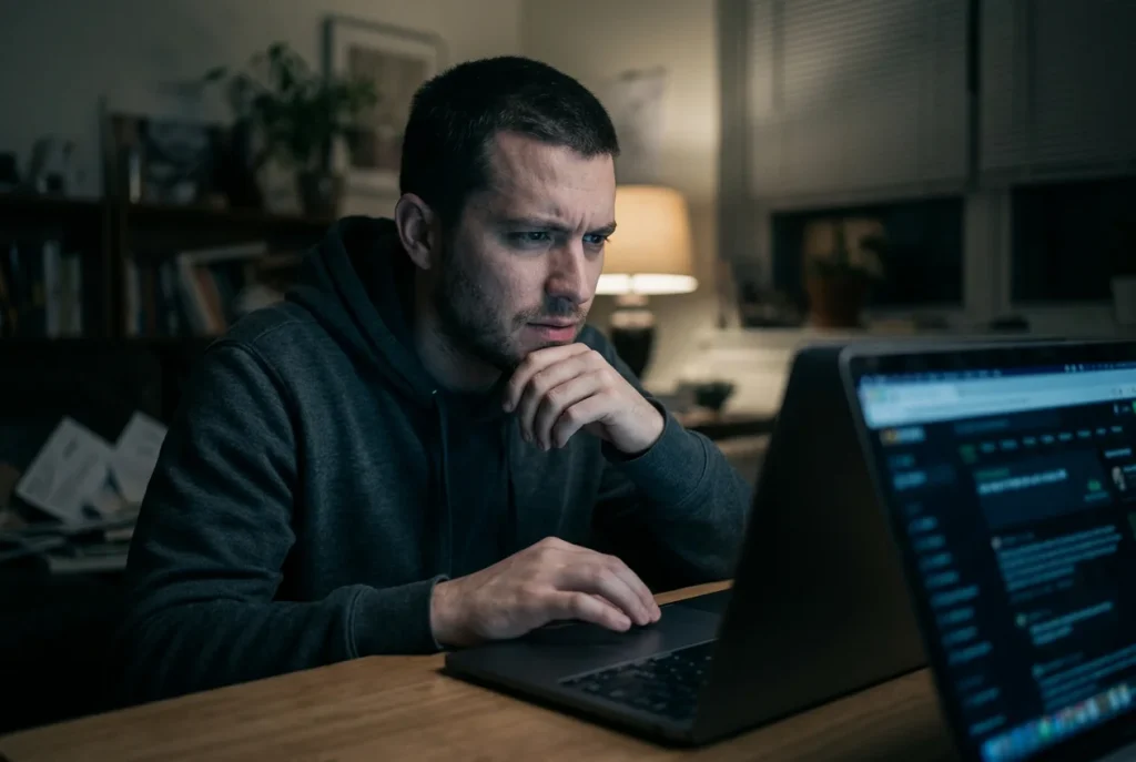 Person blickt skeptisch auf einen Laptop mit einer unklar wirkenden Webseite