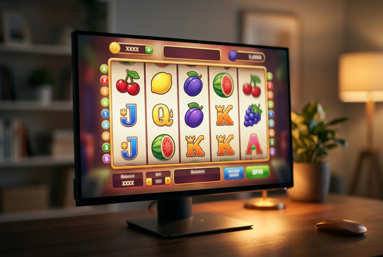 Nahaufnahme eines Online-Spielautomaten mit Walzen auf einem Bildschirm