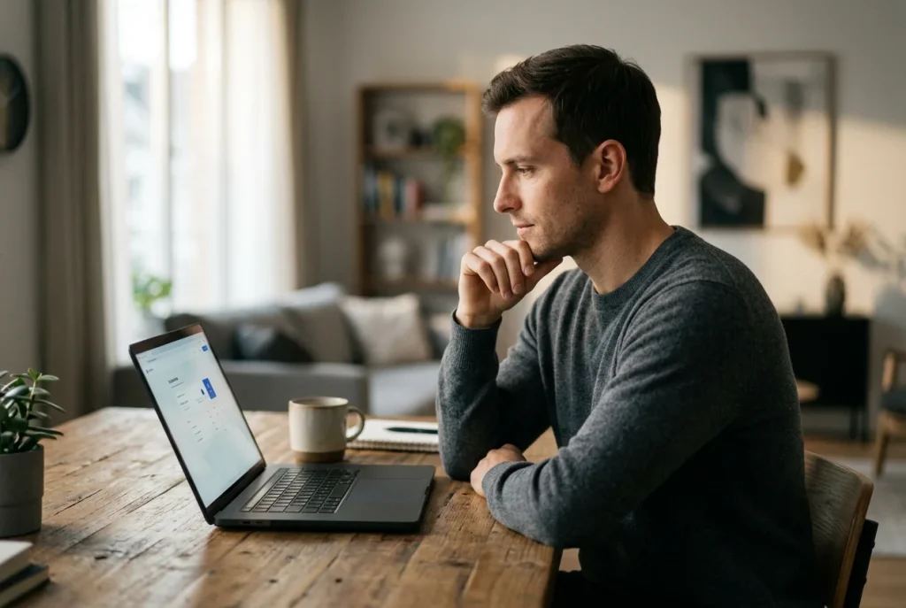 Person am Laptop prüft die Auszahlungsmethoden ihres Spielerkontos zu Hause