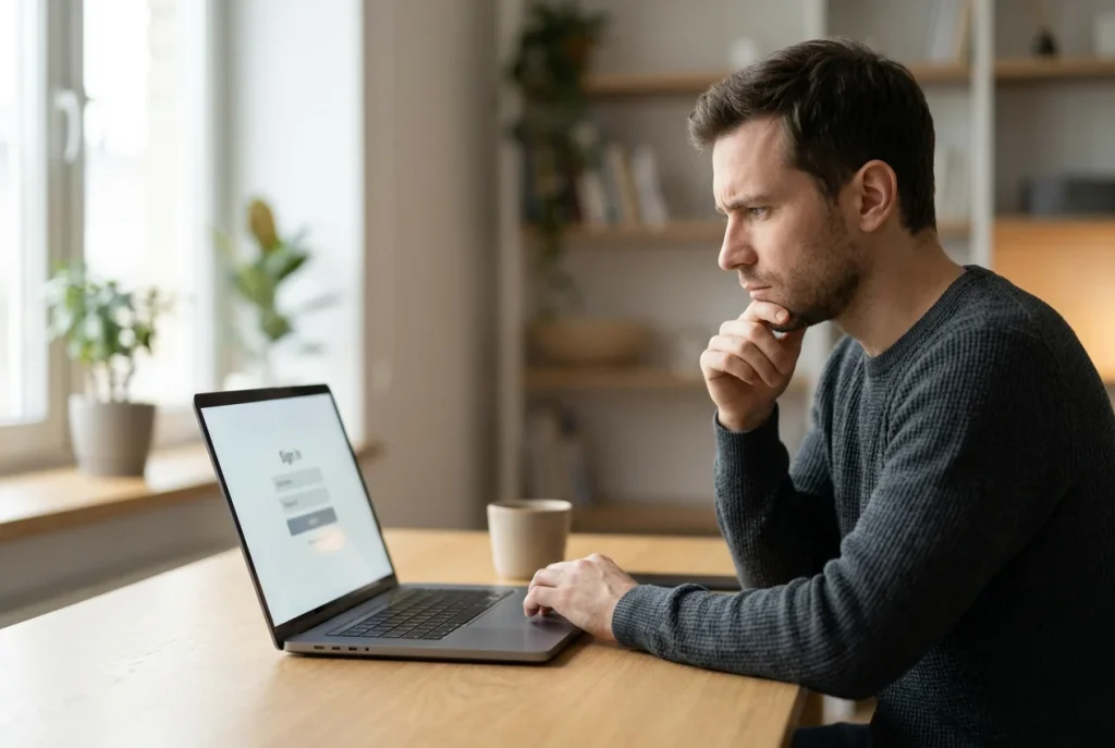 Person blickt nachdenklich auf einen Laptop mit einem Anmeldebildschirm
