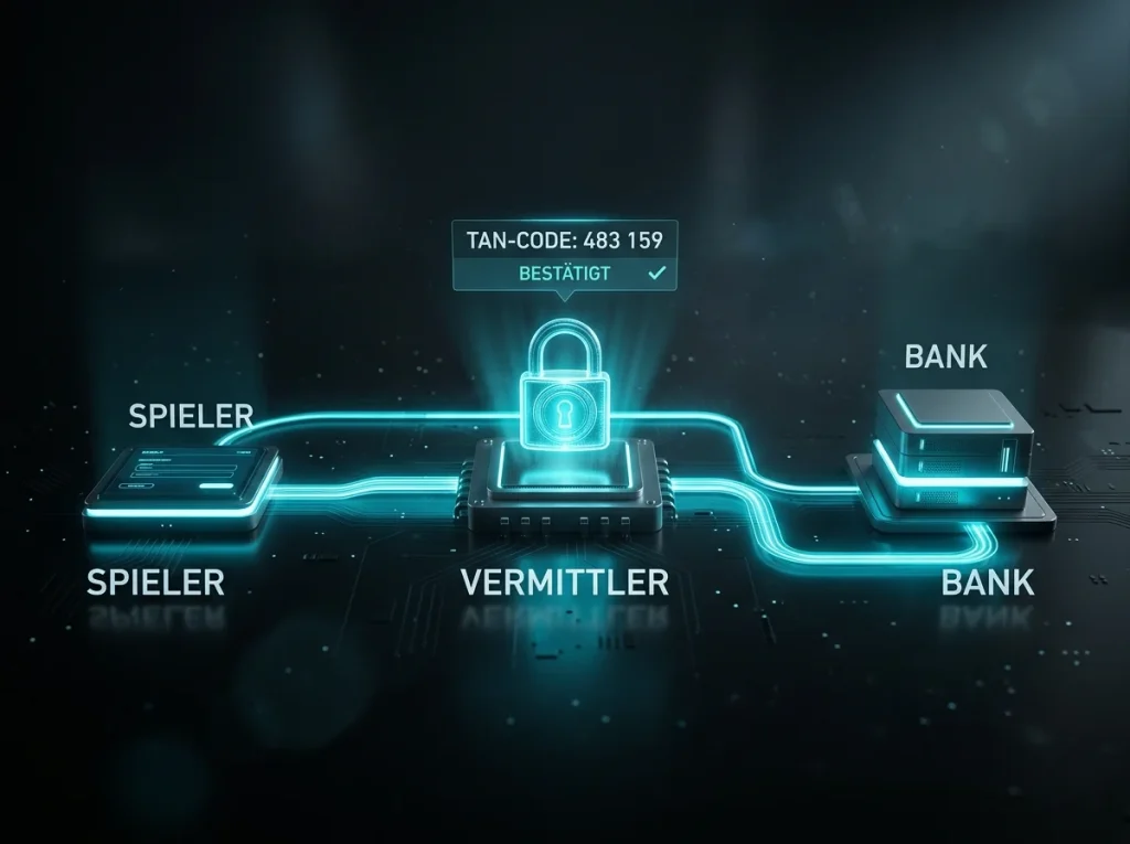 Visualisierung des Datenflusses einer Sofortüberweisung zwischen Spieler, Zahlungsdienstleister und Bank mit TAN-Freigabe