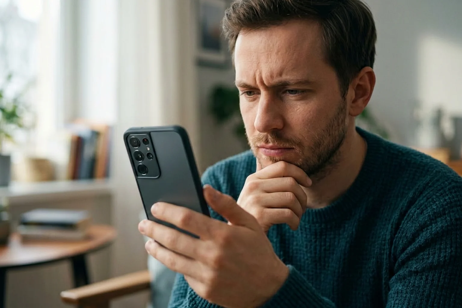 Person bewertet am Smartphone kritisch eine Werbeanzeige