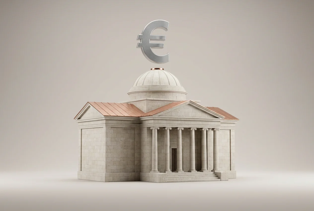 Symbolische Darstellung staatlicher Einnahmen als Euro-Zeichen über einem Gebäude