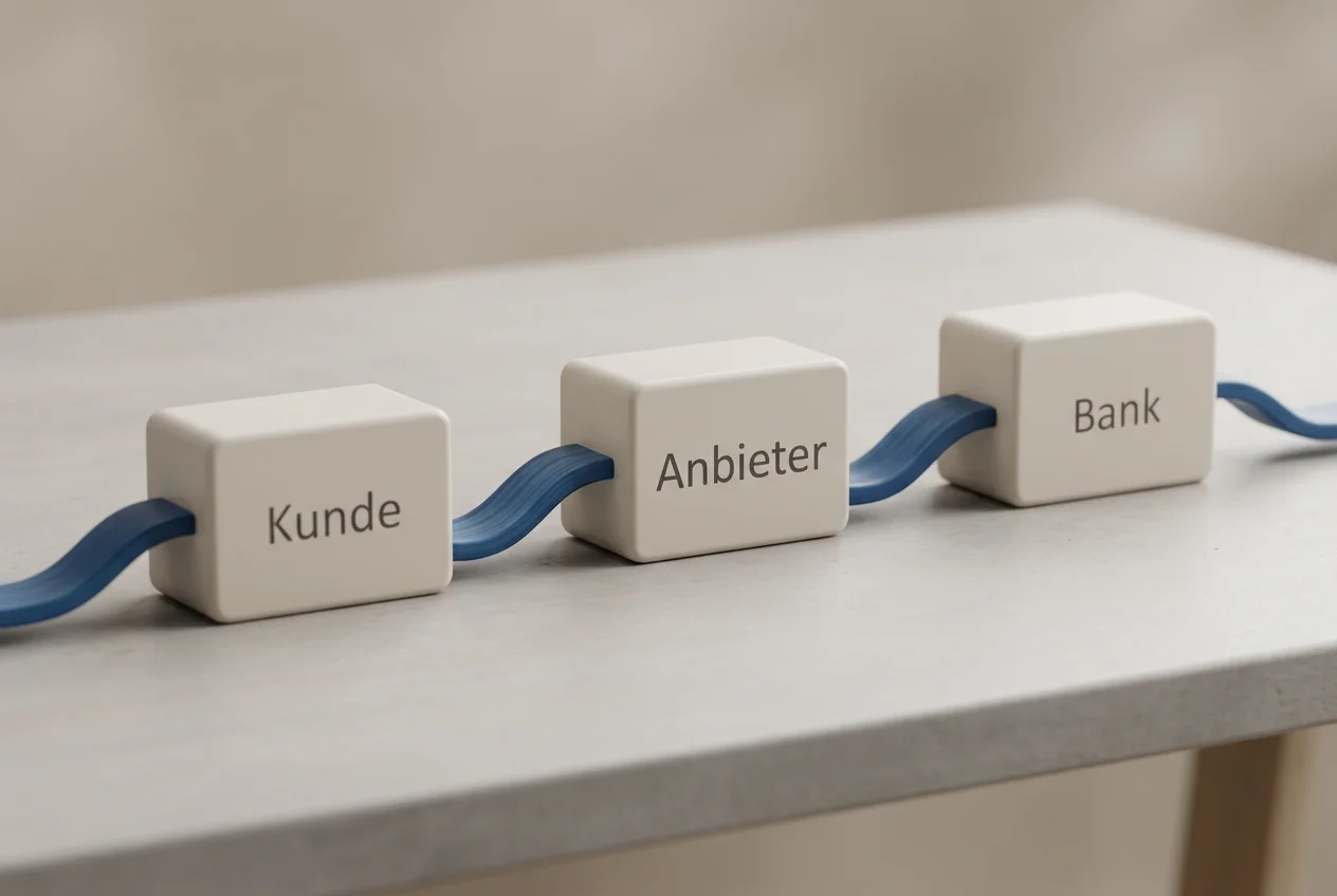 Schematische Darstellung des Transaktionsflusses zwischen Spieler, Dienstleister und Bank