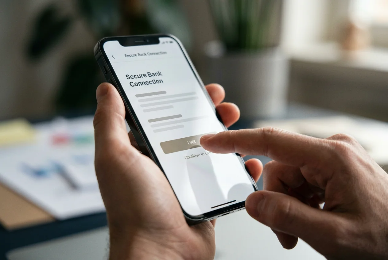 Hand verbindet am Smartphone direkt das Bankkonto mit einer Plattform