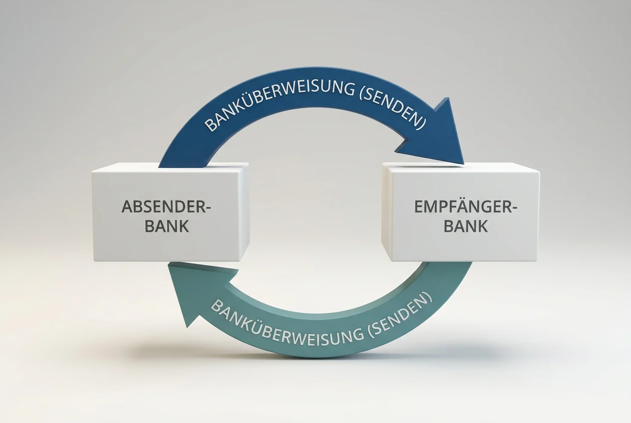 Schematische Darstellung eines Banktransfers mit Pfeilen in beide Richtungen
