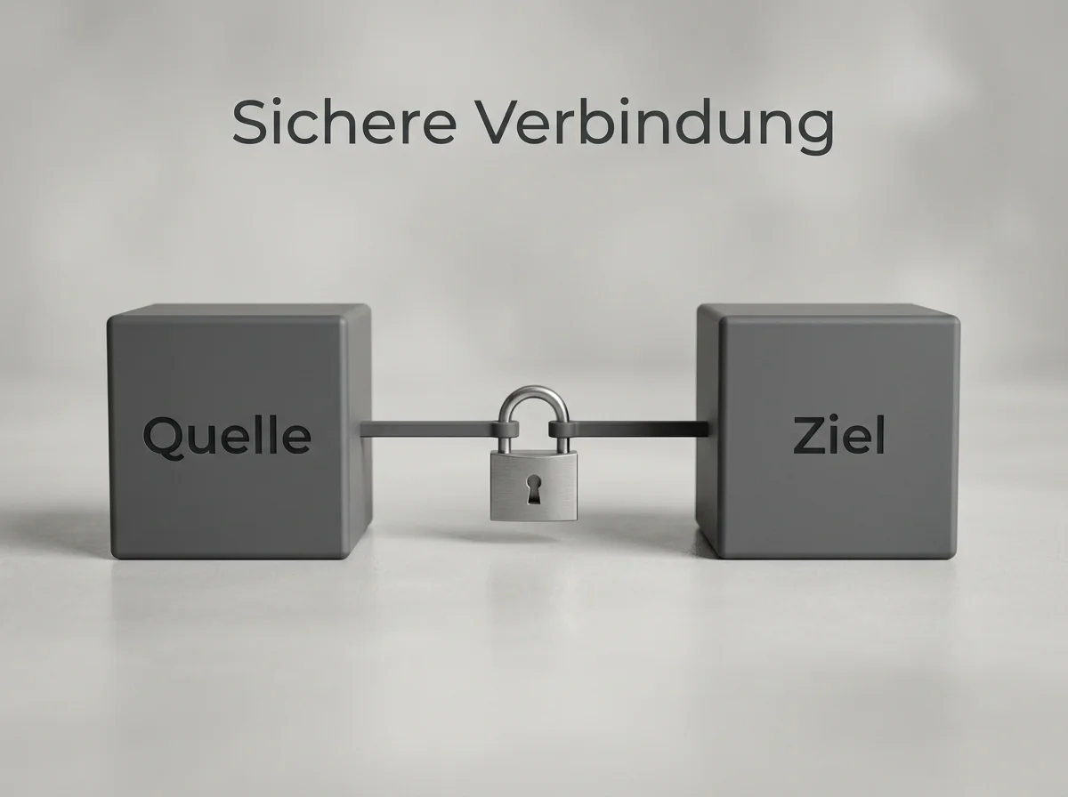 Symbolische Darstellung eines verschlüsselten Datenkanals mit Schloss