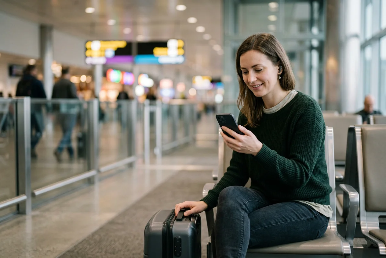 Reisende Person nutzt ihr Smartphone mit Hinweis auf eine Fremdwährungssituation